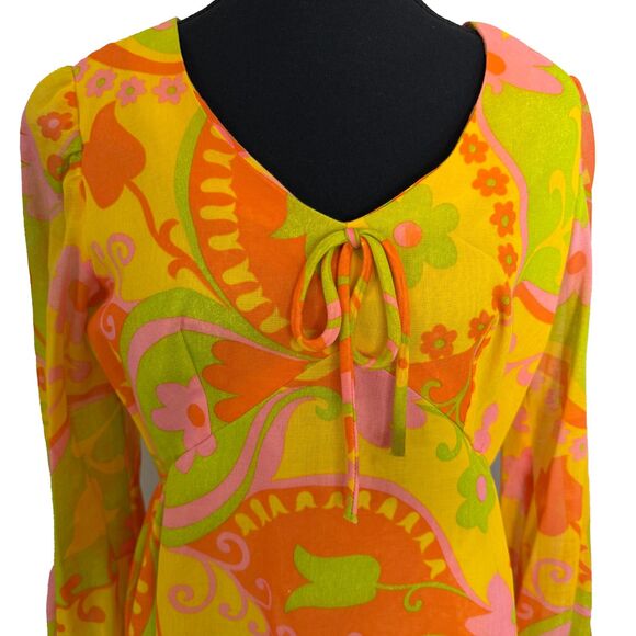 Vintage 1960s Young Edwardian Mod Floral Mini Dress Long Sleeve Tulip Print - Picture 4 of 12